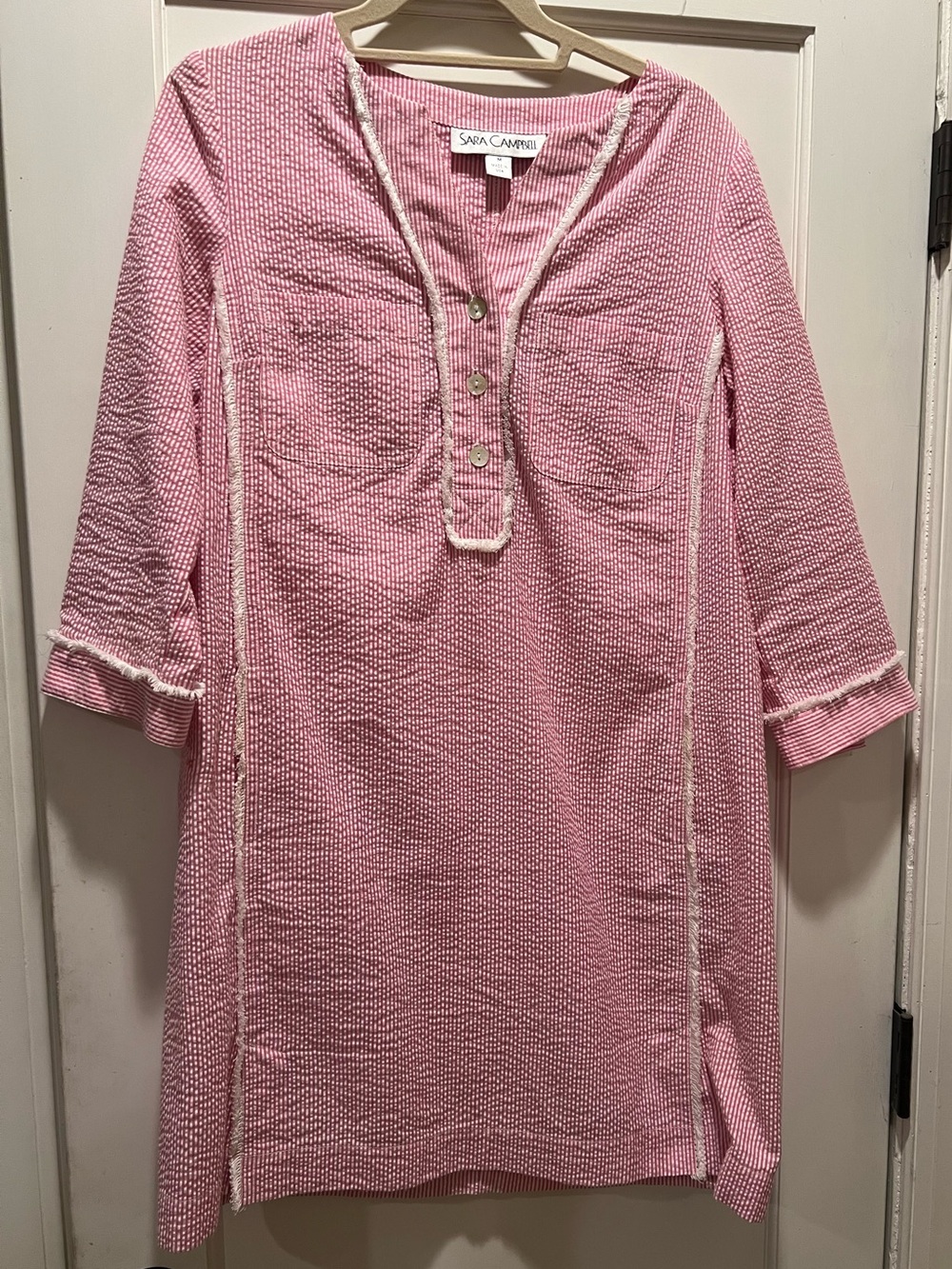 Sara Campbell Pink Seersucker Tunic with White Trim Accents